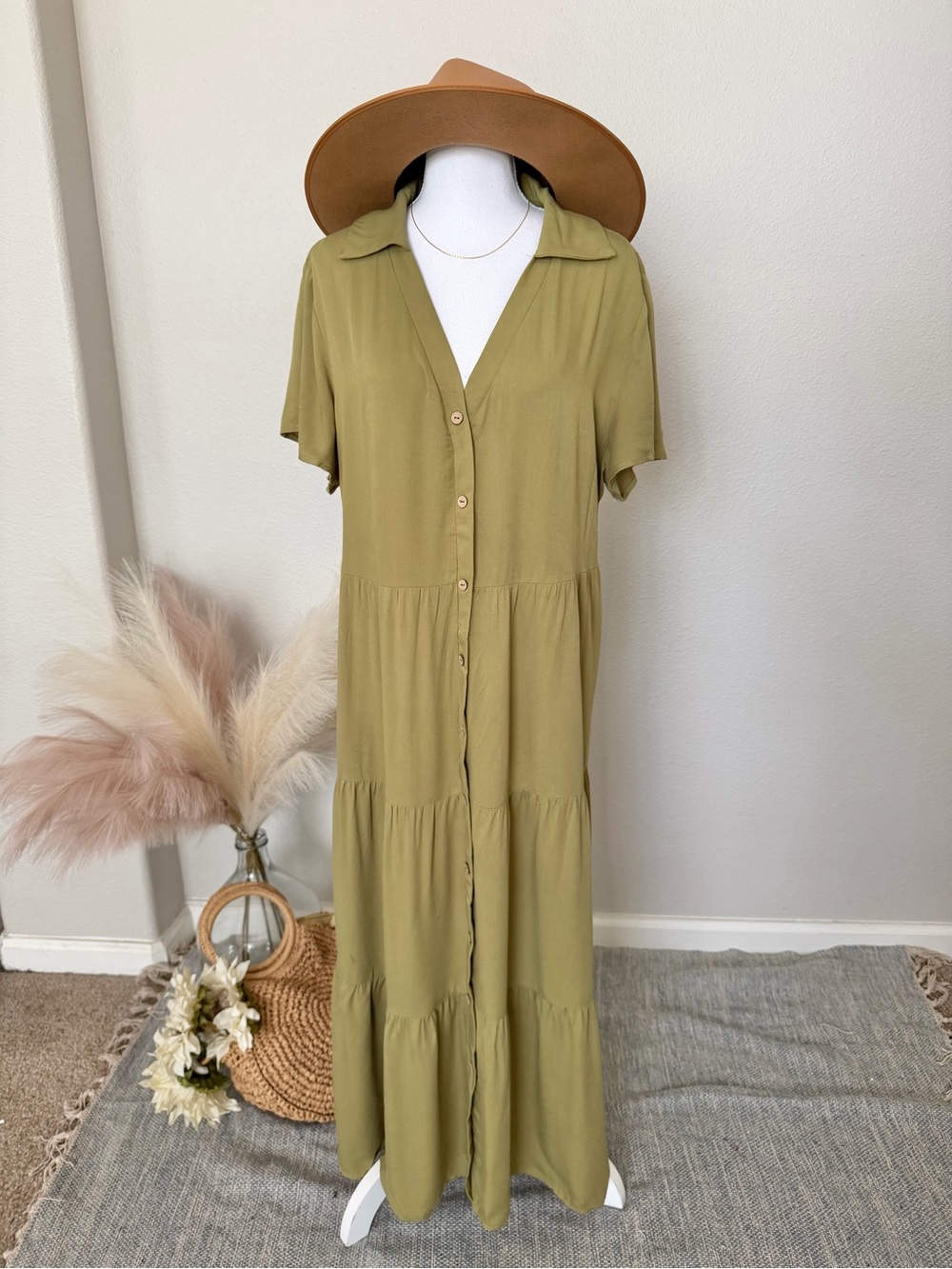 Cottagecore Boho Olive Green Dress